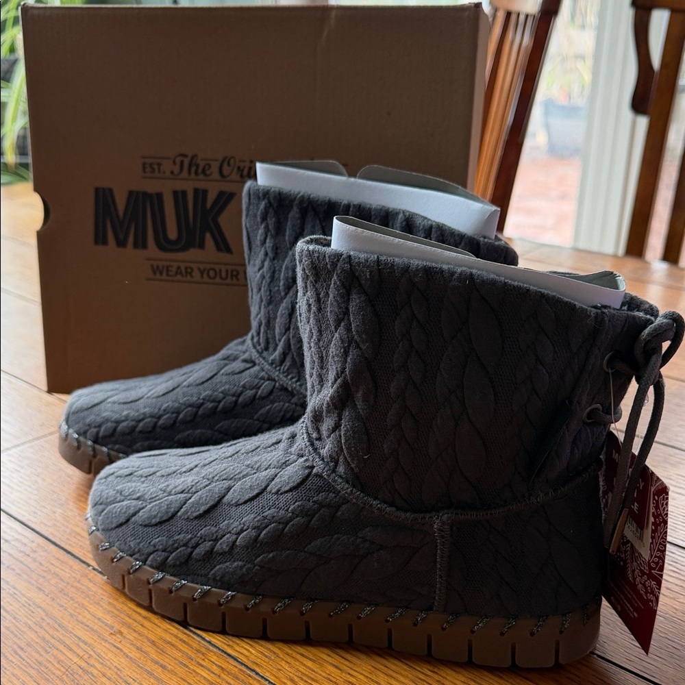 Muk Luks Quilted Knit Ankle Booties in Dark Gray